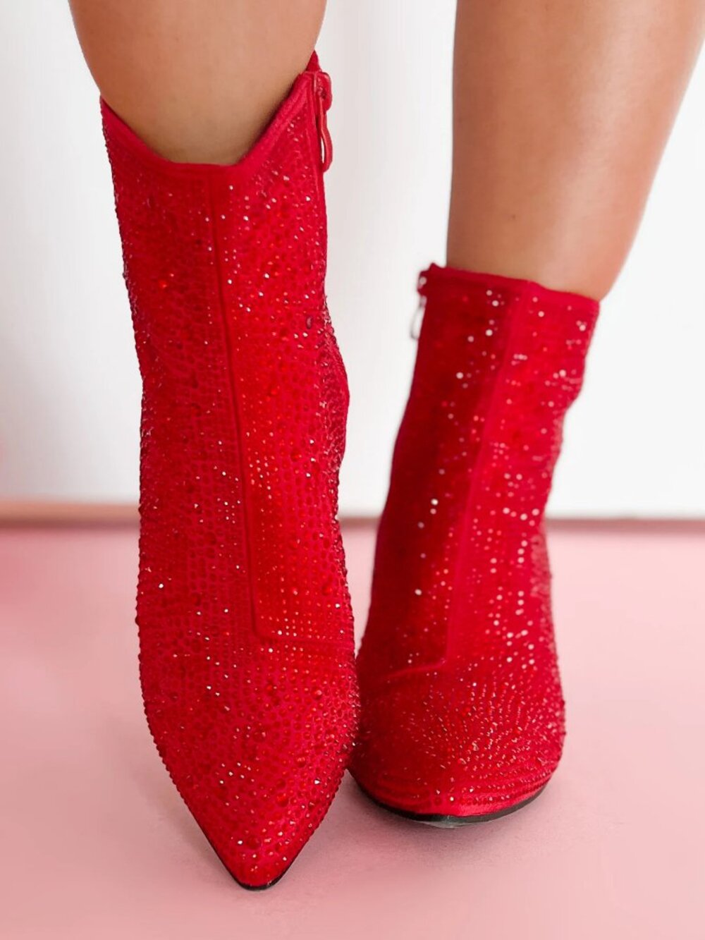 NEW🔥 Red Rhinestone Crystal Block High Heel Ankle Boots Booties Pointed Toe Zip - Picture 5 of 5
